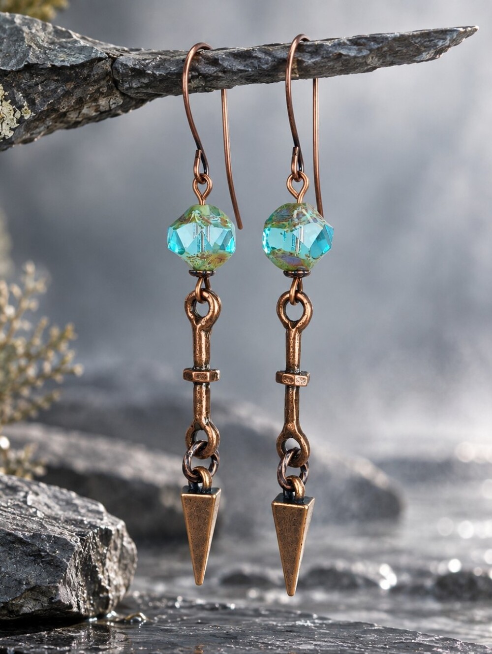 Aqua Czech Glass Spike Earrings Antiqued Copper Hand Crafted